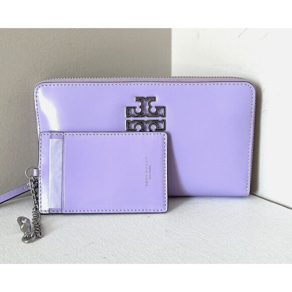 New Tory Burch Britten Patent Zip Continental Wallet Lavender with Card Holder - Picture 2 of 8